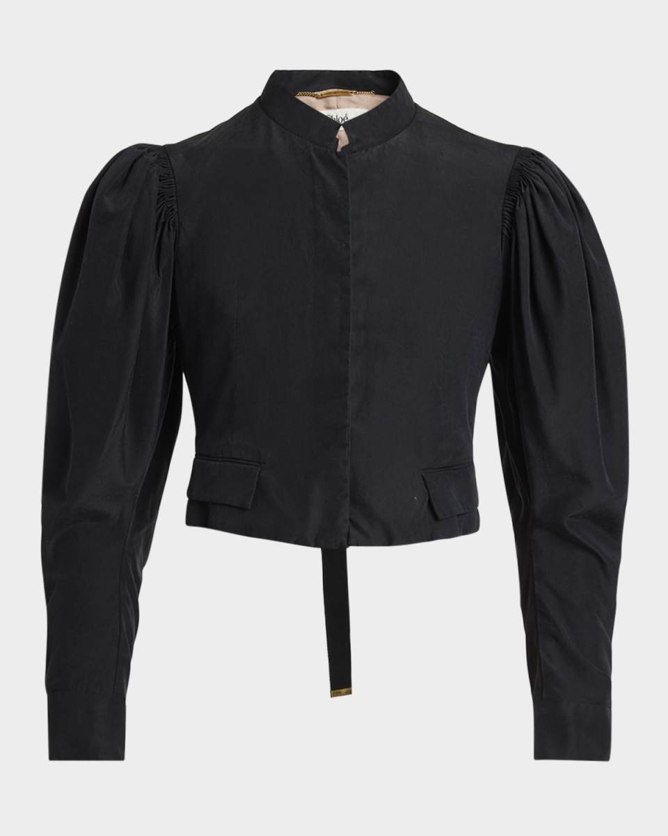 Puff-Sleeve Cropped Silk Jacket